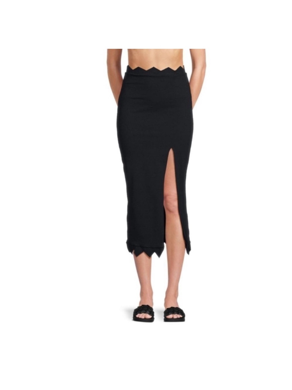 Vix Black Scallop-Edge Midi Skirt with Front Slit